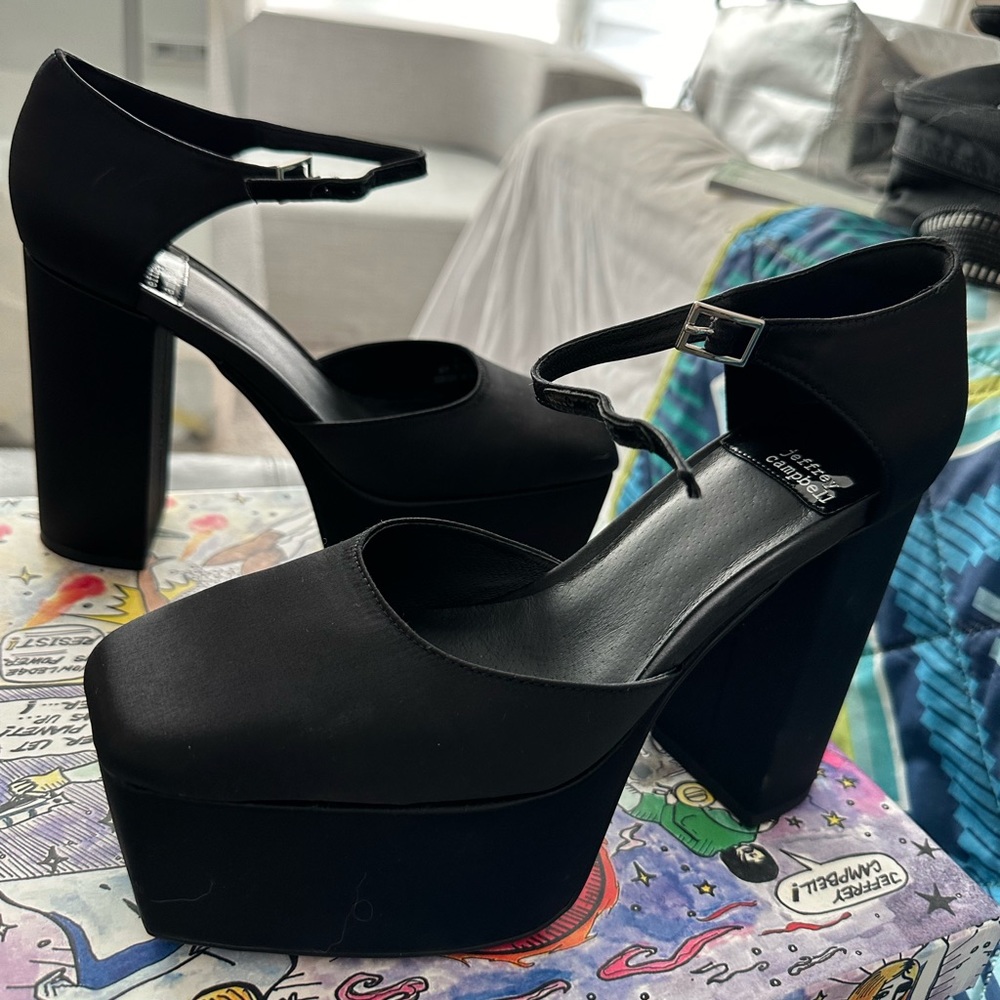 Jefferey Campbell black satin platform shoes